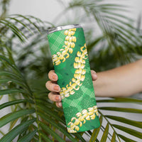 Green Palaka Hawaii Mele Kalikimaka Skinny Tumbler Ohia Lehua Monstera Puakenikeni Lei - Polynesian Pride