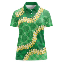 Green Palaka Hawaii Mele Kalikimaka Women Polo Shirt Ohia Lehua Monstera Puakenikeni Lei - Polynesian Pride