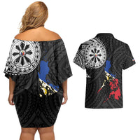 Philippines Strong Couples Matching Off Shoulder Short Dress and Hawaiian Shirt Filipino Map Polynesian Tattoo - Polynesian Pride