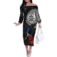 Philippines Strong Family Matching Off The Shoulder Long Sleeve Dress and Hawaiian Shirt Filipino Map Polynesian Tattoo - Polynesian Pride