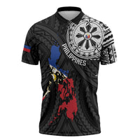 Philippines Strong Zipper Polo Shirt Filipino Map Polynesian Tattoo LT14 Black - Polynesian Pride