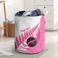 New Zealand Lawn Bowls Breast Cancer Custom Laundry Basket Aotearoa Maori Silver Fern Pink Ribbon - Polynesian Pride