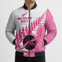 New Zealand Lawn Bowls Breast Cancer Custom Bomber Puffer Jacket Aotearoa Maori Silver Fern Pink Ribbon - Polynesian Pride