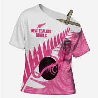 New Zealand Lawn Bowls Breast Cancer Custom Cross Shoulder Shirt Aotearoa Maori Silver Fern Pink Ribbon - Polynesian Pride