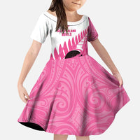New Zealand Lawn Bowls Breast Cancer Custom Family Matching Mermaid Dress and Hawaiian Shirt Aotearoa Maori Silver Fern Pink Ribbon LT14 Daughter's Dress Pink - Polynesian Pride