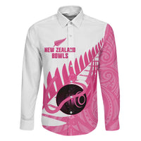 New Zealand Lawn Bowls Breast Cancer Custom Family Matching Off Shoulder Short Dress and Hawaiian Shirt Aotearoa Maori Silver Fern Pink Ribbon LT14 Dad's Shirt - Long Sleeve Pink - Polynesian Pride