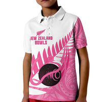 New Zealand Lawn Bowls Breast Cancer Custom Kid Polo Shirt Aotearoa Maori Silver Fern Pink Ribbon - Polynesian Pride