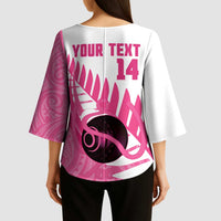 New Zealand Lawn Bowls Breast Cancer Custom Kimono Sleeve Blouse Aotearoa Maori Silver Fern Pink Ribbon - Polynesian Pride