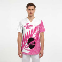 New Zealand Lawn Bowls Breast Cancer Custom Scrub Top Aotearoa Maori Silver Fern Pink Ribbon - Polynesian Pride