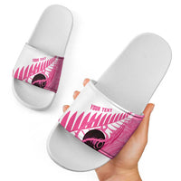 New Zealand Lawn Bowls Breast Cancer Custom Slide Sandals Aotearoa Maori Silver Fern Pink Ribbon - Polynesian Pride