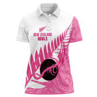 New Zealand Lawn Bowls Breast Cancer Custom Women Polo Shirt Aotearoa Maori Silver Fern Pink Ribbon - Polynesian Pride