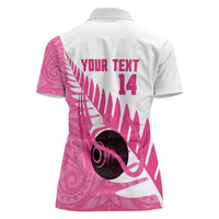 New Zealand Lawn Bowls Breast Cancer Custom Women Polo Shirt Aotearoa Maori Silver Fern Pink Ribbon - Polynesian Pride