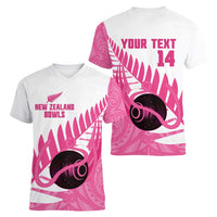 New Zealand Lawn Bowls Breast Cancer Custom Women V-Neck T-Shirt Aotearoa Maori Silver Fern Pink Ribbon - Polynesian Pride