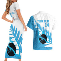 New Zealand Lawn Bowls Prostate Cancer Custom Couples Matching Short Sleeve Bodycon Dress and Hawaiian Shirt Aotearoa Maori Silver Fern Blue Ribbon - Polynesian Pride