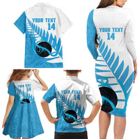 New Zealand Lawn Bowls Prostate Cancer Custom Family Matching Long Sleeve Bodycon Dress and Hawaiian Shirt Aotearoa Maori Silver Fern Blue Ribbon - Polynesian Pride