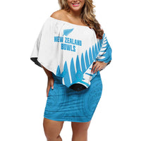 New Zealand Lawn Bowls Prostate Cancer Custom Off Shoulder Short Dress Aotearoa Maori Silver Fern Blue Ribbon - Polynesian Pride