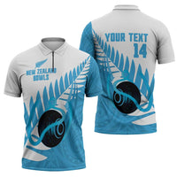 New Zealand Lawn Bowls Prostate Cancer Custom Zipper Polo Shirt Aotearoa Maori Silver Fern Blue Ribbon - Polynesian Pride
