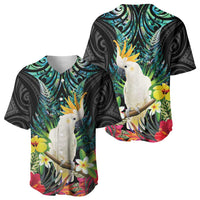 Sulphur-crested Cockatoo New Zealand Baseball Jersey Paua Shell Aotearoa Maori Tropical Flowers - Polynesian Pride