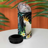 Sulphur-crested Cockatoo New Zealand 4 in 1 Can Cooler Tumbler Paua Shell Aotearoa Maori Tropical Flowers - Polynesian Pride