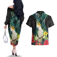 Sulphur-crested Cockatoo New Zealand Couples Matching Off The Shoulder Long Sleeve Dress and Hawaiian Shirt Paua Shell Aotearoa Maori Tropical Flowers - Polynesian Pride