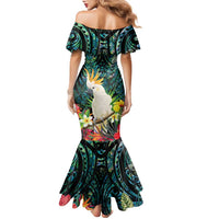 Sulphur-crested Cockatoo New Zealand Family Matching Mermaid Dress and Hawaiian Shirt Paua Shell Aotearoa Maori Tropical Flowers - Polynesian Pride