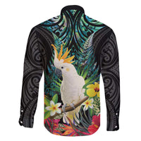 Sulphur-crested Cockatoo New Zealand Family Matching Off The Shoulder Long Sleeve Dress and Hawaiian Shirt Paua Shell Aotearoa Maori Tropical Flowers - Polynesian Pride