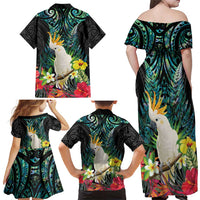 Sulphur-crested Cockatoo New Zealand Family Matching Off Shoulder Maxi Dress and Hawaiian Shirt Paua Shell Aotearoa Maori Tropical Flowers - Polynesian Pride
