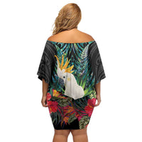 Sulphur-crested Cockatoo New Zealand Family Matching Off Shoulder Short Dress and Hawaiian Shirt Paua Shell Aotearoa Maori Tropical Flowers - Polynesian Pride