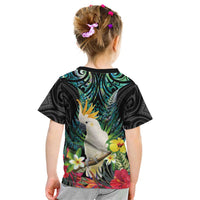Sulphur-crested Cockatoo New Zealand Kid T Shirt Paua Shell Aotearoa Maori Tropical Flowers - Polynesian Pride
