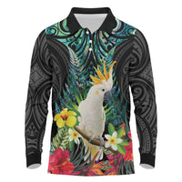 Sulphur-crested Cockatoo New Zealand Long Sleeve Polo Shirt Paua Shell Aotearoa Maori Tropical Flowers - Polynesian Pride
