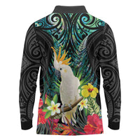 Sulphur-crested Cockatoo New Zealand Long Sleeve Polo Shirt Paua Shell Aotearoa Maori Tropical Flowers - Polynesian Pride