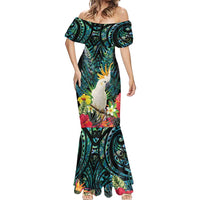 Sulphur-crested Cockatoo New Zealand Mermaid Dress Paua Shell Aotearoa Maori Tropical Flowers - Polynesian Pride