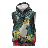 Sulphur-crested Cockatoo New Zealand Sleeveless Hoodie Paua Shell Aotearoa Maori Tropical Flowers - Polynesian Pride