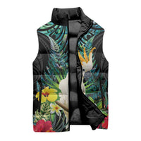 Sulphur-crested Cockatoo New Zealand Sleeveless Puffer Jacket Paua Shell Aotearoa Maori Tropical Flowers - Polynesian Pride