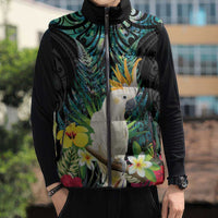 Sulphur-crested Cockatoo New Zealand Sleeveless Puffer Jacket Paua Shell Aotearoa Maori Tropical Flowers - Polynesian Pride