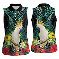 Sulphur-crested Cockatoo New Zealand Women Sleeveless Polo Shirt Paua Shell Aotearoa Maori Tropical Flowers - Polynesian Pride