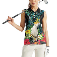 Sulphur-crested Cockatoo New Zealand Women Sleeveless Polo Shirt Paua Shell Aotearoa Maori Tropical Flowers - Polynesian Pride