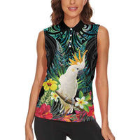 Sulphur-crested Cockatoo New Zealand Women Sleeveless Polo Shirt Paua Shell Aotearoa Maori Tropical Flowers - Polynesian Pride