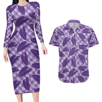 Purple Hawaii Kalo Palaka Motifs Couples Matching Long Sleeve Bodycon Dress and Hawaiian Shirt Hawaiian Taro Leaves Elegant Vibes - Polynesian Pride