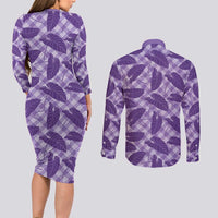 Purple Hawaii Kalo Palaka Motifs Couples Matching Long Sleeve Bodycon Dress and Long Sleeve Button Shirt Hawaiian Taro Leaves Elegant Vibes - Polynesian Pride