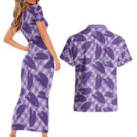 Purple Hawaii Kalo Palaka Motifs Couples Matching Short Sleeve Bodycon Dress and Hawaiian Shirt Hawaiian Taro Leaves Elegant Vibes - Polynesian Pride