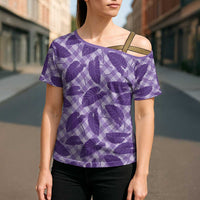 Purple Hawaii Kalo Palaka Motifs Cross Shoulder Shirt Hawaiian Taro Leaves Elegant Vibes - Polynesian Pride