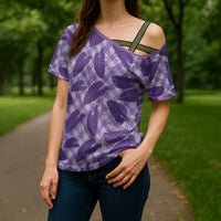 Purple Hawaii Kalo Palaka Motifs Cross Shoulder Shirt Hawaiian Taro Leaves Elegant Vibes - Polynesian Pride