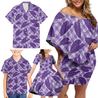 Purple Hawaii Kalo Palaka Motifs Family Matching Off Shoulder Short Dress and Hawaiian Shirt Hawaiian Taro Leaves Elegant Vibes - Polynesian Pride