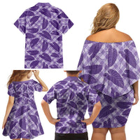 Purple Hawaii Kalo Palaka Motifs Family Matching Off Shoulder Short Dress and Hawaiian Shirt Hawaiian Taro Leaves Elegant Vibes - Polynesian Pride