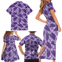 Purple Hawaii Kalo Palaka Motifs Family Matching Short Sleeve Bodycon Dress and Hawaiian Shirt Hawaiian Taro Leaves Elegant Vibes - Polynesian Pride