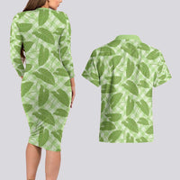 Green Hawaii Kalo Palaka Motifs Couples Matching Long Sleeve Bodycon Dress and Hawaiian Shirt Hawaiian Taro Leaves Elegant Vibes - Polynesian Pride