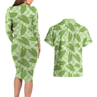 Green Hawaii Kalo Palaka Motifs Couples Matching Long Sleeve Bodycon Dress and Hawaiian Shirt Hawaiian Taro Leaves Elegant Vibes - Polynesian Pride