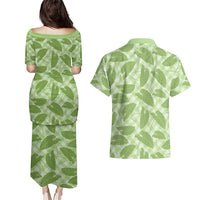 Green Hawaii Kalo Palaka Motifs Couples Matching Puletasi and Hawaiian Shirt Hawaiian Taro Leaves Elegant Vibes - Polynesian Pride