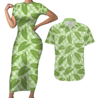 Green Hawaii Kalo Palaka Motifs Couples Matching Short Sleeve Bodycon Dress and Hawaiian Shirt Hawaiian Taro Leaves Elegant Vibes - Polynesian Pride